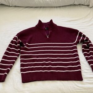 Half-Zip Striped Sweater - Burgundy & White